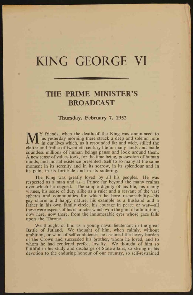 Item #12466 King George VI, The Prime Minister’s Broadcast Feb 7, 1952. Winston S. Churchill.