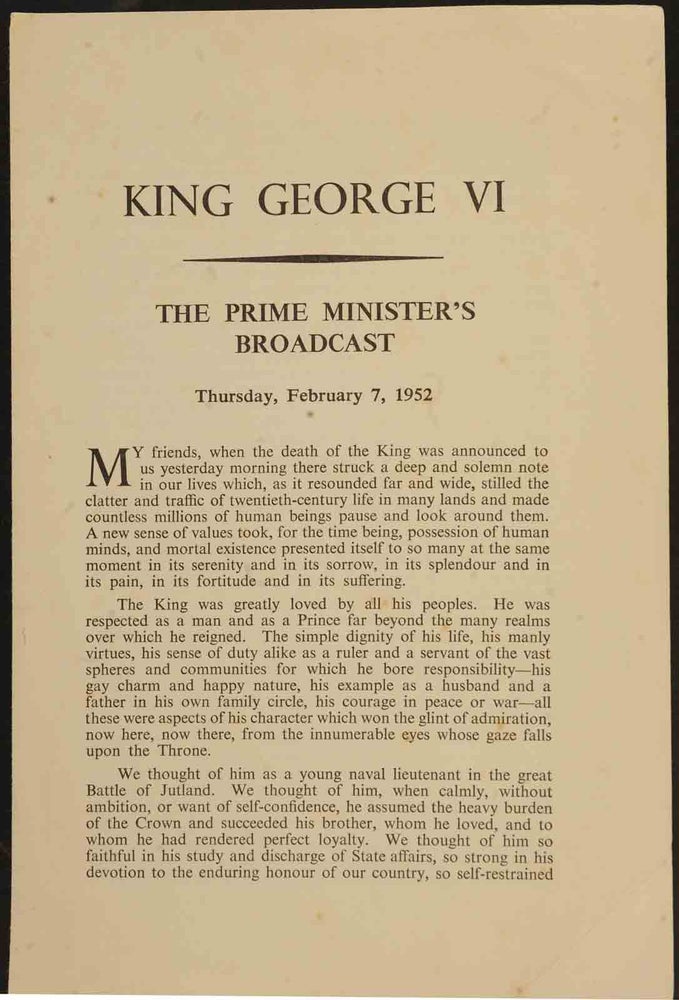 Item #18287 King George VI, The Prime Minister’s Broadcast Feb 7, 1952. Winston S. Churchill.