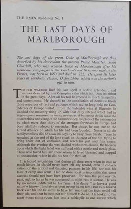Item #21945 The Last Days of Marlborough, Times Broadsheet no. 1. Winston S. Churchill