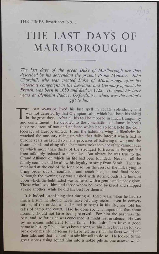 Item #21945 The Last Days of Marlborough, Times Broadsheet no. 1. Winston S. Churchill.