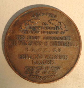 Item #29581 Churchill 80th Birthday bronze medal 1954. Winston S. Churchill.