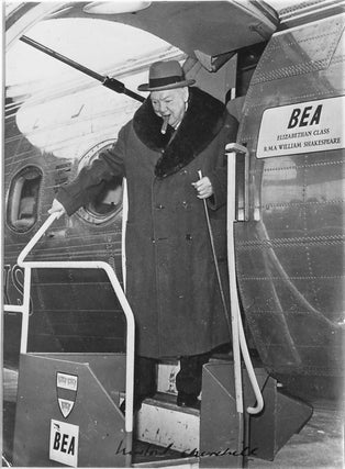 Item #33276 Signed photo of Churchill exiting airplane 1957