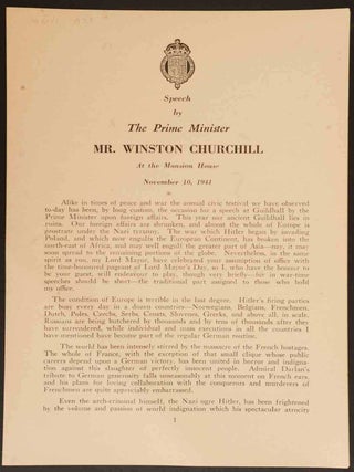 Item #33478 Speech by The Prime Minister Mr. Winston Churchill at the Mansion HOuse November 10,...