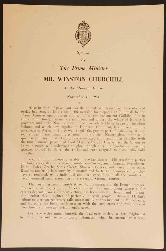 Item #33478 Speech by The Prime Minister Mr. Winston Churchill at the Mansion HOuse November 10, 1941. Winston S. Churchill.