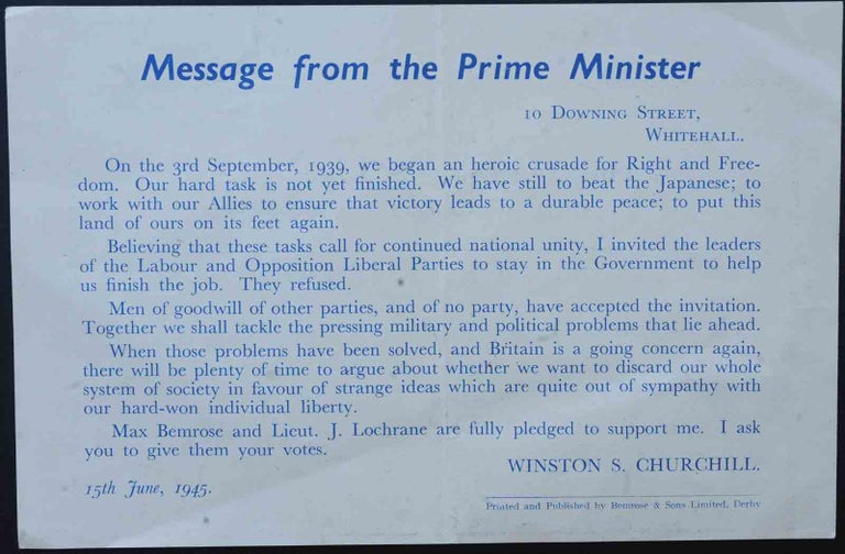 Item #35313 Message from the Prime Minister. Winston S. Churchill.
