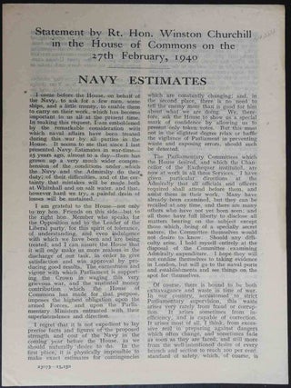 Item #36419 Navy Estimates: Statement by the Rt. Hon. Winston Churchill in the House of Commons...