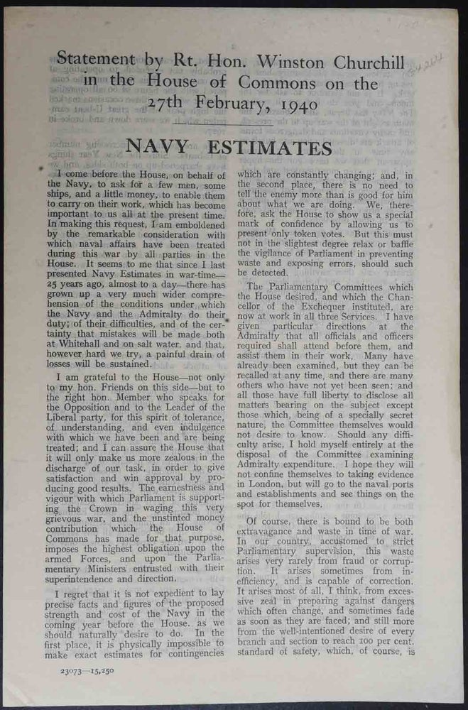 Item #36419 Navy Estimates: Statement by the Rt. Hon. Winston Churchill in the House of Commons on the 27th February, 1940. Winston S. Churchill.