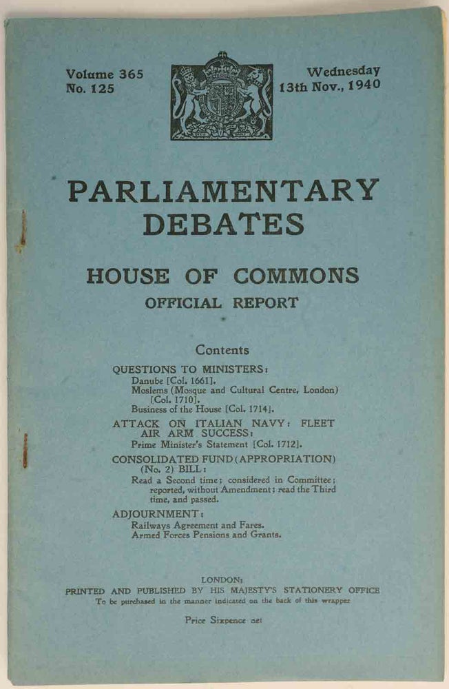 Item #36453 Parliamentary Debates 13 November 1940. Winston S. Churchill.