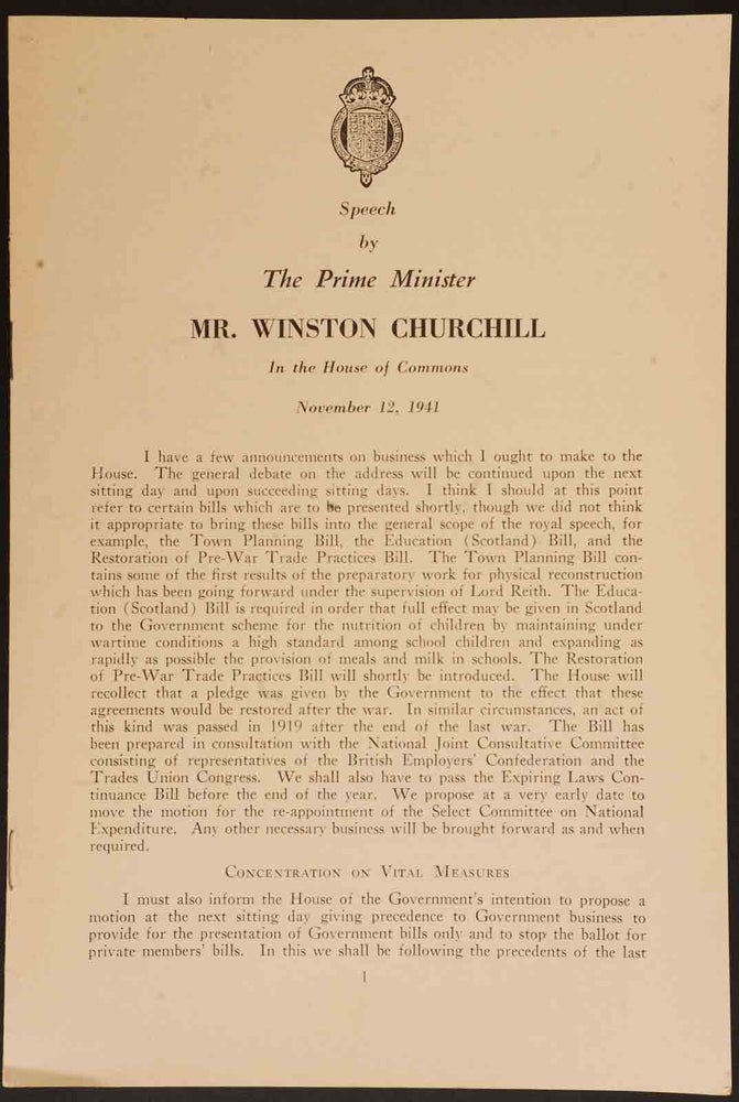 Item #36478 Speech by The Prime Minister Mr. Winston Churchill in the House of Commons November 12, 1941. y. Winston S. Churchill.