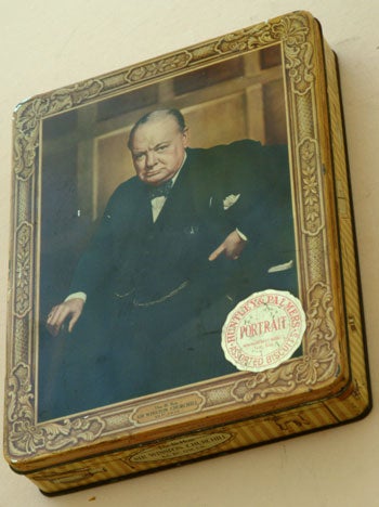 Item #4755 Churchill biscuit tin. Winston S. Churchill.